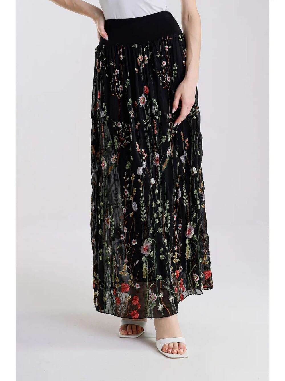Tina Stephens Garden Sable Silk Skirt Made Italy Embroidered Maxi One Size BLACK